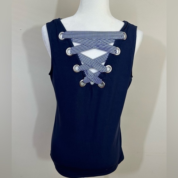 Neiman Marcus sz lg top in navy with a ribbon accent on the back - Picture 8 of 14